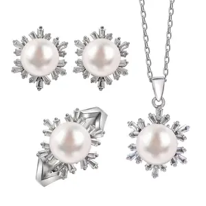 Custom Sterling Silver S925 Micro Inlaid Large Pearl Snowflake Ring Earring Necklace 2020 Christmas Wedding Pearl Necklace Jewel