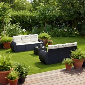 Black And Cream Garden <b>Sofa</b> <b>Set</b> With Cushions Outdoor Rattan Furniture Waterproof Contemporary Design - Product Image 2