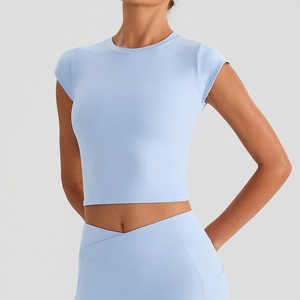 Haut de <span class=keywords><strong>sport</strong></span> pour femmes, t-<span class=keywords><strong>shirt</strong></span> de yoga en tissu brossé uni, manches courtes, ajusté, vente en gros de t-shirts de yoga - Product Image 2