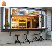 Fenêtre de service à cadre en aluminium au design moderne, à persiennes orientables, avec moustiquaire magnétique et vérin à gaz, pour passage de cuisine