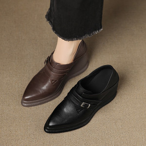 Zapatos de Tacón de Cuña con Punta en Pico y Hebilla de Correa en el Tobillo, de Cuero Genuino, con Arco Profundo, Modernos - Product Image 2