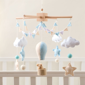 Mobile <span class=keywords><strong>musical</strong></span> pour berceau en bois, avec étoiles, lunes, ballons et décoration montgolfière, jouet doux - Product Image 2