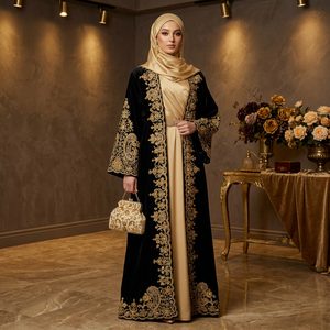 Abaya élégante en velours noir polyester avec broderie cachemire dorée, longue, à manches longues, infroissable, robe modeste pour femme, taille moyenne - Product Image 3