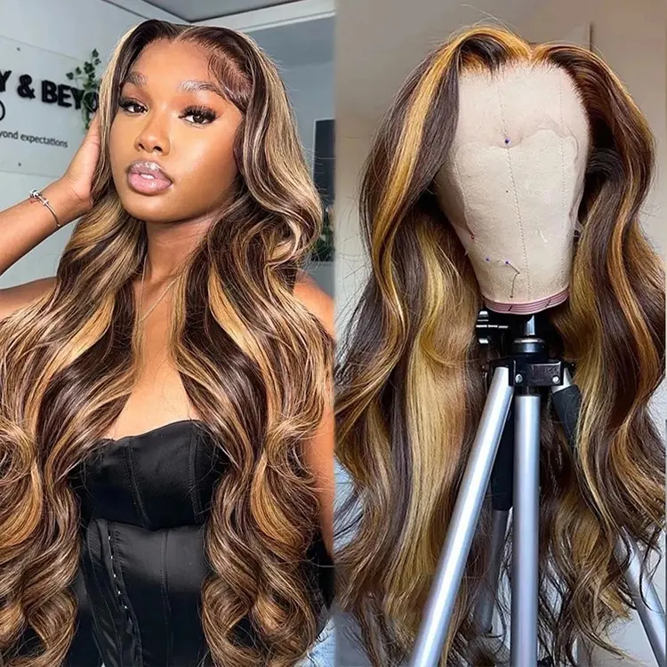 Ombre Wig Human Hair Full Lace Wig Swiss Lace ,Natural highlight 360 Lace Frontal Wig Pre Plucked Hairline
