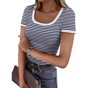 FOXA Women Short Sleeve Ribbed Knit Top Square Neck Fitted Casual Summer Basic Tee Striped Cotton Spandex <b>Blend</b> - Product Image 1