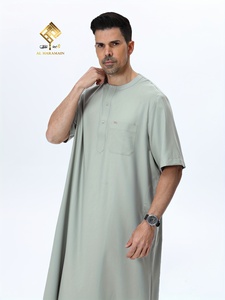 Al Haramain <b>Men's</b> Woven Fabric <b>Thobe</b> Neck Short Sleeve Floor Length Modest Prayer Wear Solid Color Breathable Loose Fit - Product Image 4