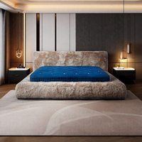 Lit double en bois écologique de luxe léger français, confortable, pour chambre principale, en tissu de laine d'agneau, moderne, simple et doux