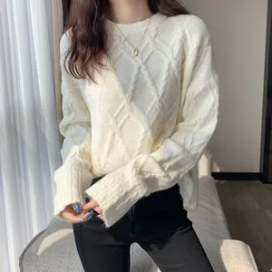 2023 otoño niñas cuello redondo manga larga Cable Stitch suéter jersey de gran tamaño mujeres suéter