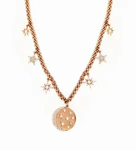 Collar redondo con moneda de Luna, Estrella y Estrella, chapado en oro rosa para niñas y mujeres, 2023