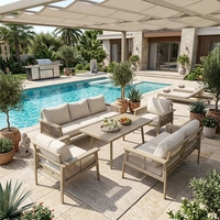 Ensemble de canapés d'extérieur modernes en aluminium et rotin tressé 7 places avec table basse à lattes pour villa, jardin, parc et hôtel