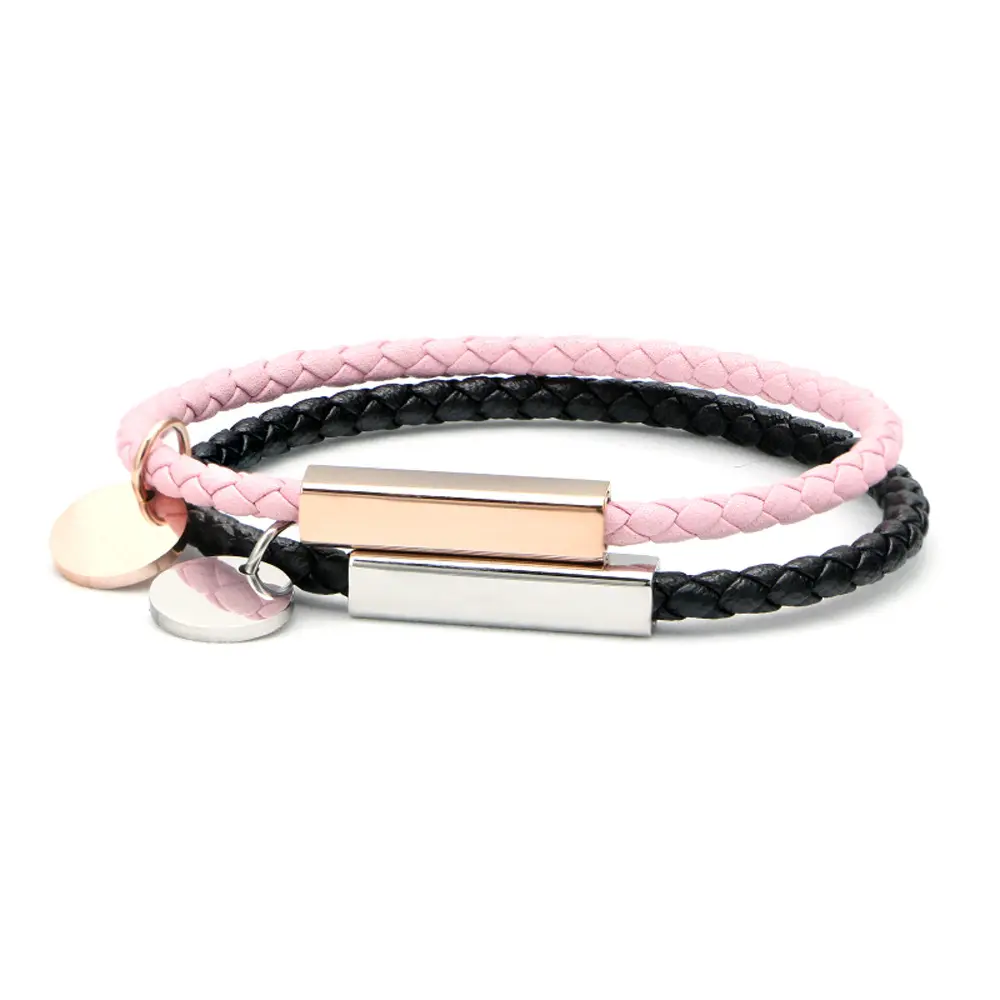 Amazon Selling Stainless Steel Tube Charm Bracelet Real Leather Pink Black Leather Magnetic Clasp Round Tags