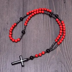 8mm Red Pine Stone Christ Rosenkranz Halsketten Vintage Hämatit Kreuz Anhänger Halskette für Männer Frauen Schmuck