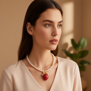 Collier de perles avec pendentif fraise rouge en acier inoxydable plaqué or, bijoux durables pour femmes - Product Image 3