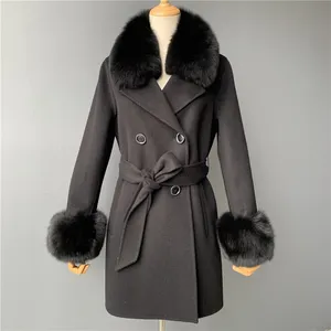 Cappotto di lana Cashmere doppiopetto invernale da donna in vera pelliccia di volpe femminile Casual alla moda all'ingrosso personalizzato