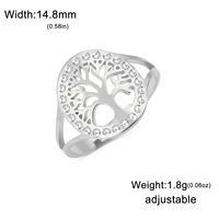 Arbre creux clair Zircon anneau rond en acier inoxydable plaqué or 18 carats réglable femmes bagues amulette bijoux en gros