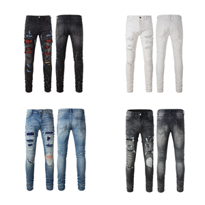 <span class=keywords><strong>Jeans</strong></span> da <span class=keywords><strong>Uomo</strong></span> di Alta Qualità Stile High Street, Pantaloni <span class=keywords><strong>Slim</strong></span> Fit con Strass, Effetto Distressed, Neri, Strappati e Patchwork, in Denim Elasticizzato - Product Image 1