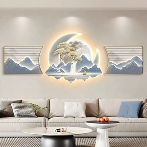 "Acqua che scorre porta ricchezza" - Set di 3 pezzi con cornice in PVC, decorazione in cristallo <span class=keywords><strong>e</strong></span> porcellana, paesaggio astratto moderno, arte da parete a LED - Product Image 2
