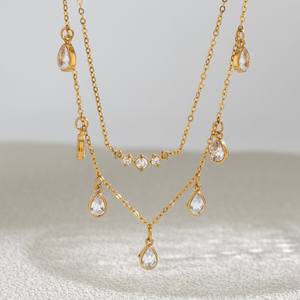 Collar de barra de cristal en capas con cadena de <span class=keywords><strong>dos</strong></span> niveles en oro, piedras graduadas y colgantes de bisel en forma de lágrima, elegante para mujer - Product Image 1
