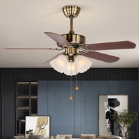 Ventilateur de Plafond Lustre HSG 208B AC/DC Style Américain Classique 42/52 Pouces avec Chaîne à Tirer, Télécommande en Bois, Cuivre et Lumière