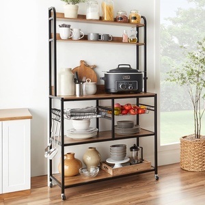 Étagère de rangement multifonctionnelle pour micro-ondes, support pour four, étagère de cuisine en bois et en métal avec crochet - Product Image 1
