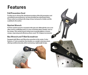 Fujiya Clé à molette professionnelle à ouverture à large mâchoire Capacité 38mm Combinaison polyvalente Fonction à cliquet Trou de cordon de sécurité - Product Image 3