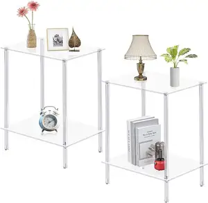 Acrylic Side Tables with 2 Shelve End Table Set Nightstands 2-Tier Tempered Table for Office Bedroom Living Room Study Outdoor
