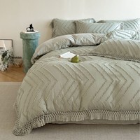 Drap-housse en mousseline de polyester 200TC, style français, motif floral, couleur unie, doux, avec dentelle découpée et pompons ondulés, blanc crème