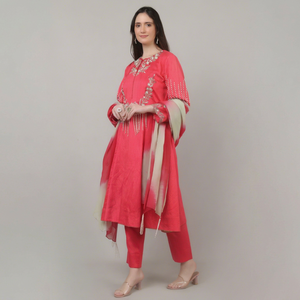 Elegante vestido étnico de 3 piezas para fiesta, color rosa, con cuentas, hilo Dana, lentejuelas y perlas. - Product Image 1
