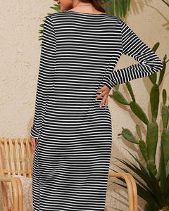 Vestidos largos de punto a rayas para mujer modesta clásica, vestidos elegantes con cuello en U y abertura alta, prendas de punto de calle a la moda con botón frontal - Product Image 6