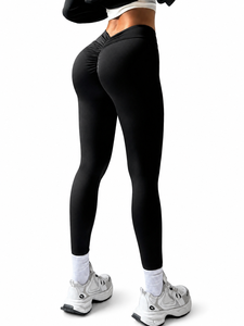 High Waist Ruched Butt Scrunch Ankle-Length Solid Black Yoga Training <b>Pants</b> Elastic Waist <b>Spandex</b>/Polyester XS - Product Image 1