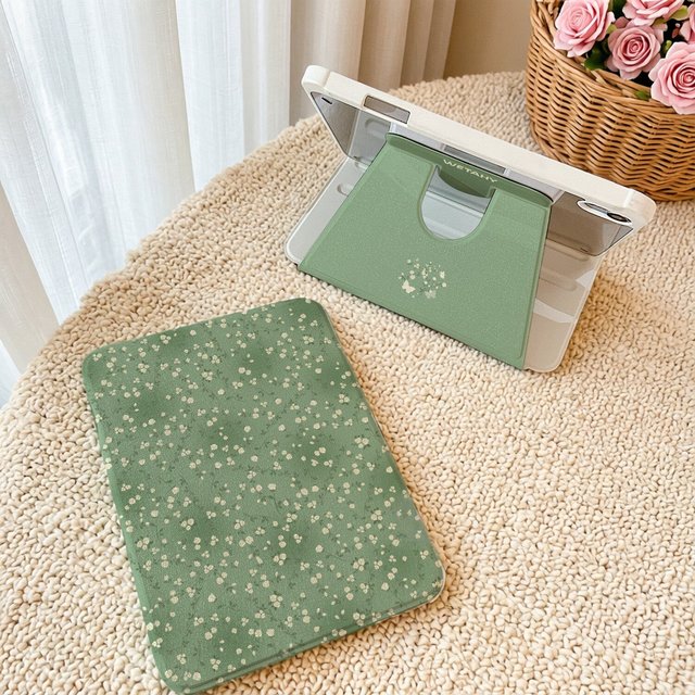 Light Fresh Green Small Floral Pattern Suitable for Apple iPad A16/10 Generation Tablet Protective case Air8 Rotating Stand Mini