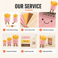 Peluche personnalisée avec étiquette, motif frites kawaii, visage brodé, pour présentation sur comptoir de café fast-food