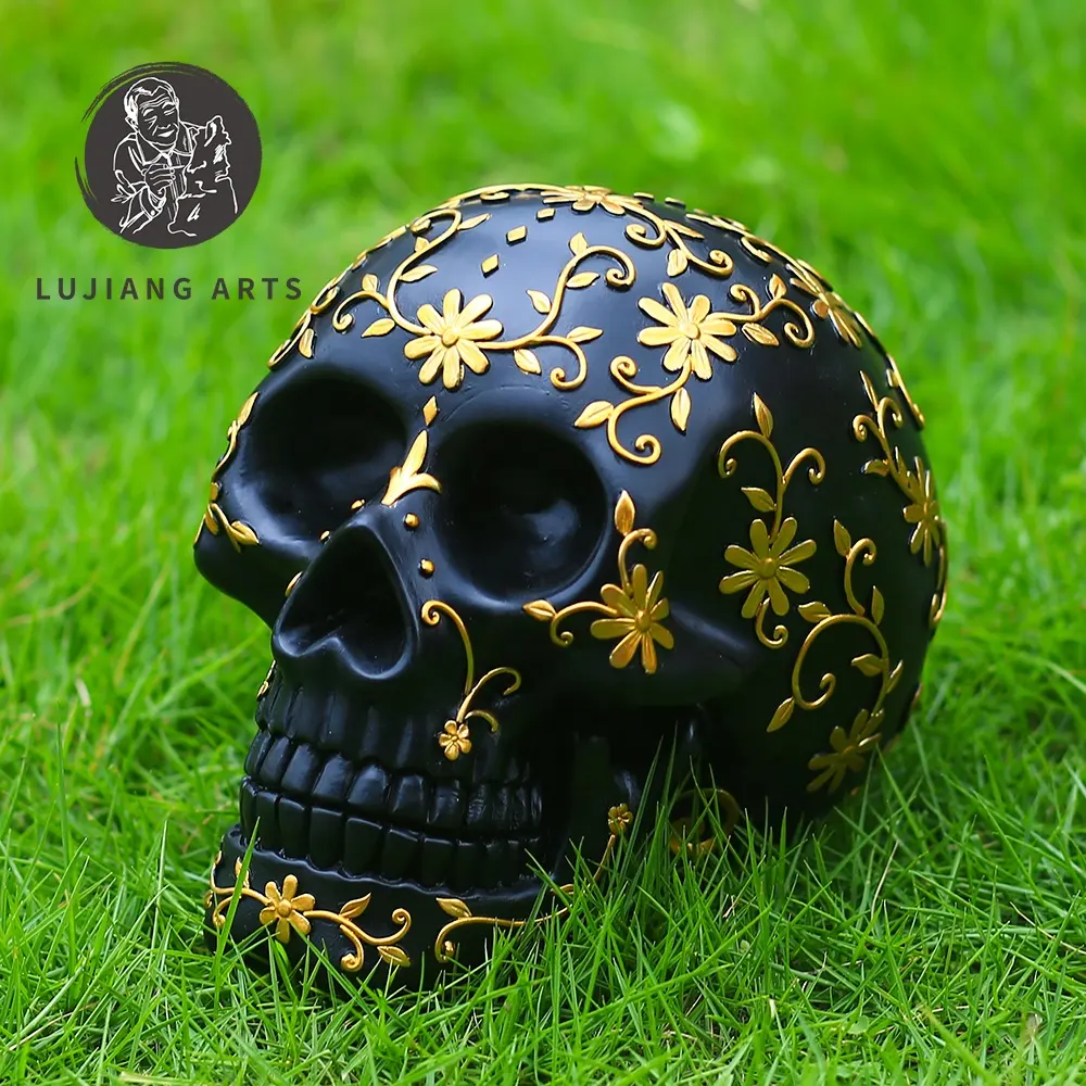 7 inch Black Skull Statue Resin Skull Sculpture Decoration Gold Pattern Black Skull Figurine Halloween Gift