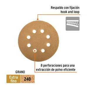 PAQUETE DE 5 Discos de Lijado de 5 Pulgadas, Grano 240, 8 Agujeros - Product Image 1