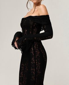 Vestido de Encaje con Hombros Descubiertos, <span class=keywords><strong>Manga</strong></span> <span class=keywords><strong>Larga</strong></span>, Corte Evase, Cintura Alta y Falda de Cola de Pez, Casual y Elegante para Mujer - Product Image 5