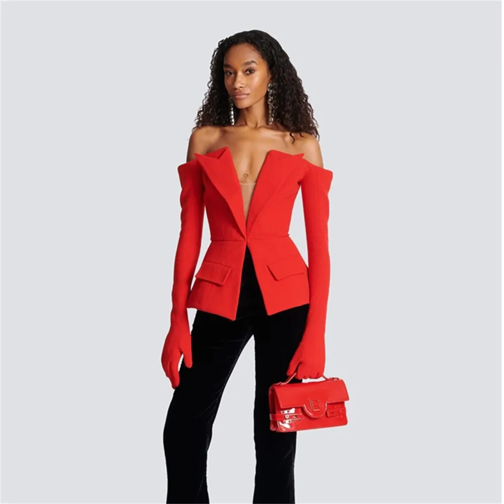 Top Quality New Fashion Celebrity Night Club Runway Causal Red Tops Mulheres Blazer