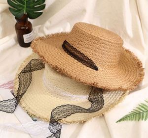 Wholesale Lara Grass <b>Flat</b> Top Large Brim Burlap Straw <b>Hat</b> Lace Breathable Women's Summer Beach Sun <b>Hats</b> - Product Image 1