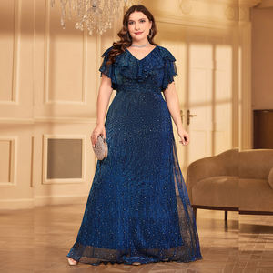 プラスサイズ エレガント レディース 夏 無地 Vネック フレア袖 スリムウエスト バックレス ラッフルヘム グリッター マキシ Aライン イブニングドレス - Product Image 1