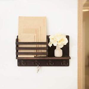 Factory Wholesale Double-Tier Wooden Key Holder Mail <b>Shelf</b> Wall Decorative Storage Hooks with 4 Keys Organ Display Rack - Product Image 2