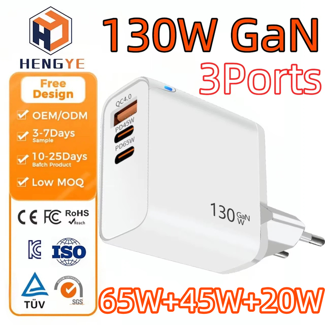 Oem 65W PD GaN Charger USB-C PD Fast Chargers 130W 3 Port 20W 45W GaN Type C Power Adapter Multiport Usb c Charger
