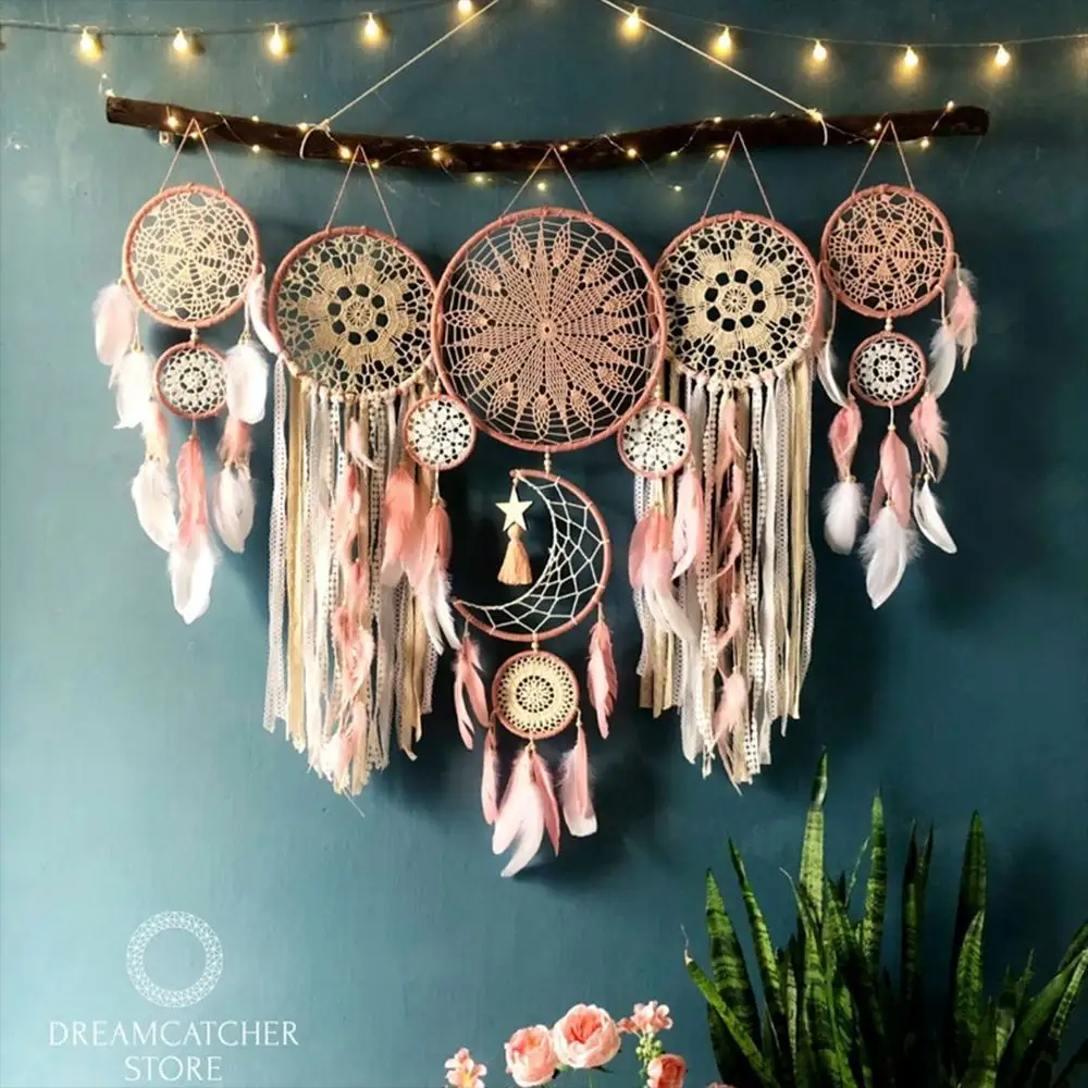 Penjualan terlaris 5 buah/set Indian Dream Catcher liontin angin lonceng bulu liontin Interior pinggiran dinding gantung dekorasi rumah