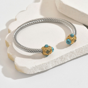 Brazalete de Cable Trenzado Abierto de Acero Inoxidable Chapado en Oro de 18K de Alta Calidad con Piedra Natural para Mujer, Pulseras de Moda - Product Image 5