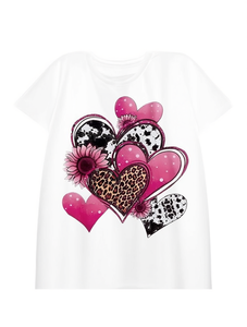 T-shirt da donna bianca e rosa con stampa leopardata a cuore, manica corta, girocollo, vestibilità comoda, casual, per San Valentino - Product Image 1