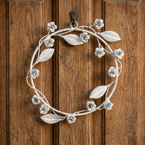 White Metal Floral Wreath Round Handmade Decorative Farmhouse Style Unlit <b>Single</b> Piece - Product Image 5