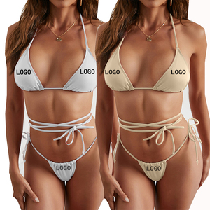 Logotipo personalizado Bikini Precio <span class=keywords><strong>de</strong></span> fábrica Mujeres Sexy Correas Halter Cross Front High Cut Tanga 2 Piezas Bikini Set Traje <span class=keywords><strong>de</strong></span> baño - Product Image 1