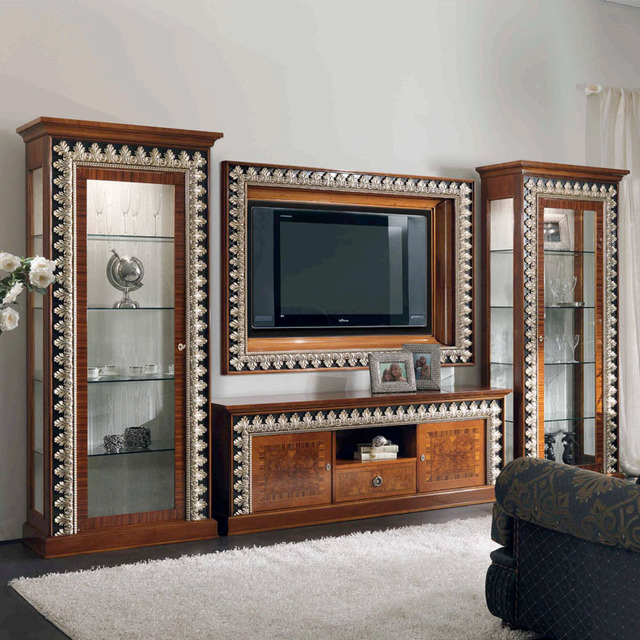 High-End European Hand-Carved Wood TV Frame Living Room Luxury Wall-Mounted TV Bezel Custom Villa TV Surround