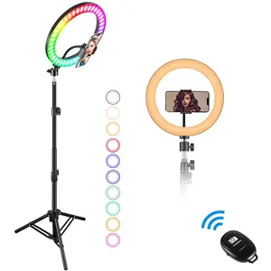 Lampu Ring RGB LED 10 Inci, Kendali Jarak Jauh Portabel 14 Warna dengan Dudukan Tripod