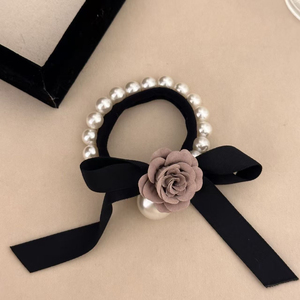 Coletero de Moda de Lujo Ligero con Lazo Negro y Flor, Diseño de Nicho Popular, Coleteros de Perlas para Mujer, Venta al por Mayor de Accesorios para el Cabello - Product Image 4