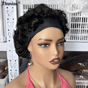 Perruque mi-tête courte bouclée sans colle <span class=keywords><strong>avec</strong></span> <span class=keywords><strong>bandeau</strong></span> transparent, sans dentelle frontale, fabriquée à la machine, en cheveux humains vierges Remy, prête à porter - Product Image 6