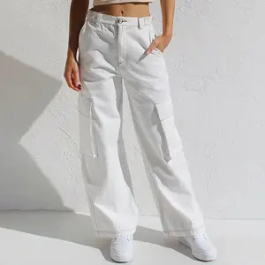 Europe and America Cross Border Foreign Trade Supply Multi-Color Straight Workwear with Pocket Denim Trousers for Women